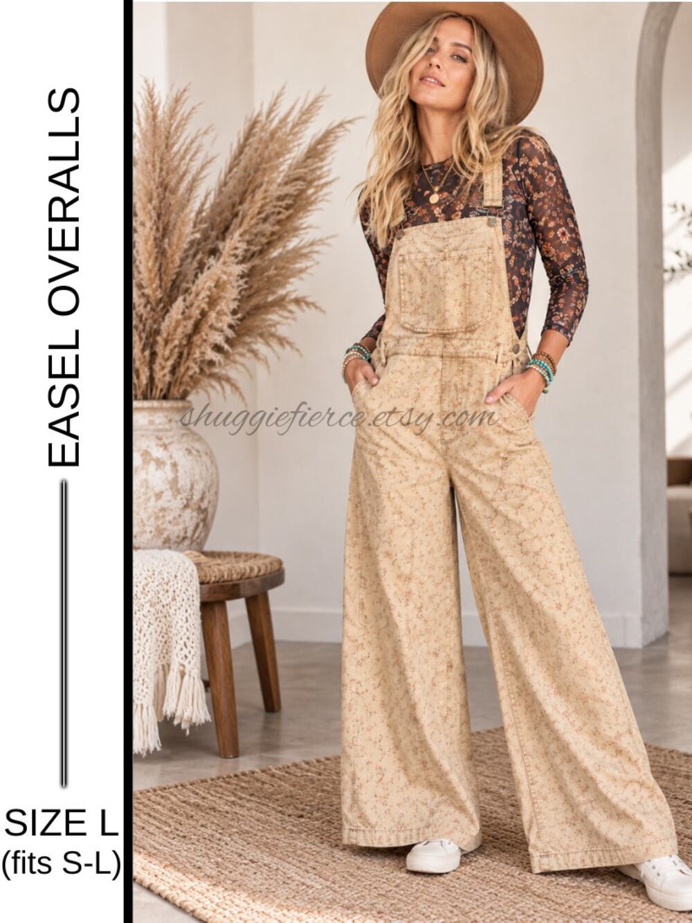✨MSRP: $118 | Easel Los Angeles Distressed Floral Wide Leg Overalls | Size S-L✨